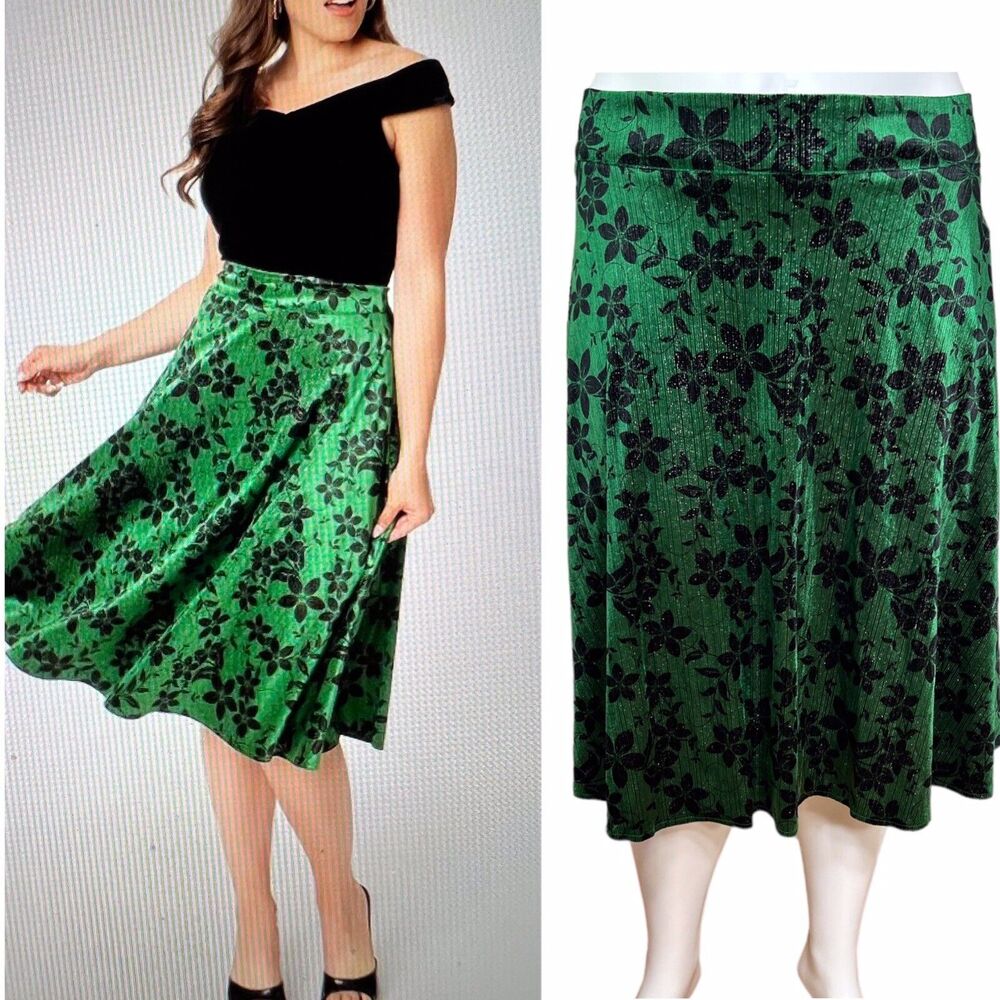 UNIQUE VINTAGE Sz 3X-20 ❤️New❤️GLAM Velvet Green Black Shimmer Retro-Vibe Skirt